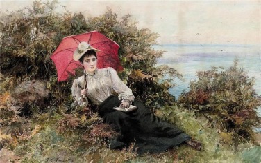 Arthur Hopkins (british-1848-1930) – Jeune femme lisant près de la mer-1892