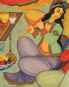 Joueuse de ney (peinture sur bois du Palais Hasht Behesht à Ispahan (Iran) 1669.